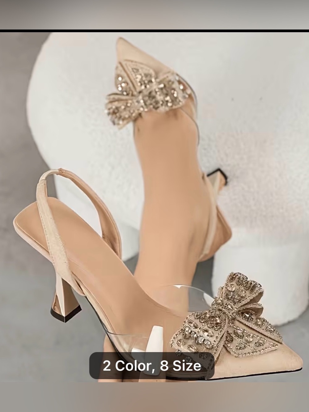 Elegant Nude Slingback Heels with Embellished Bow